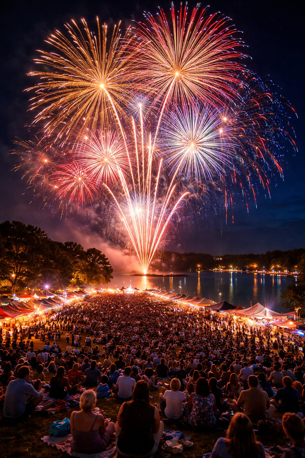 Professional fireworks display lighting the sky above a community celebration